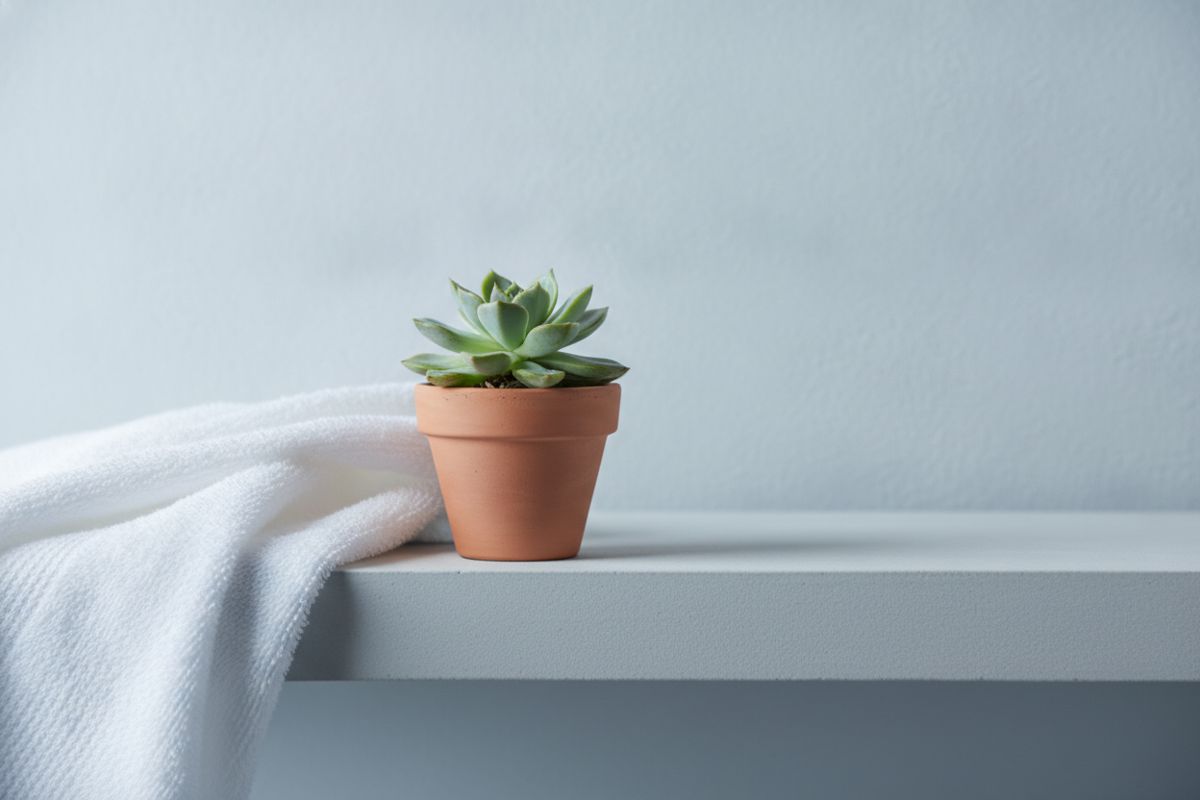 A folded towel beside a plant